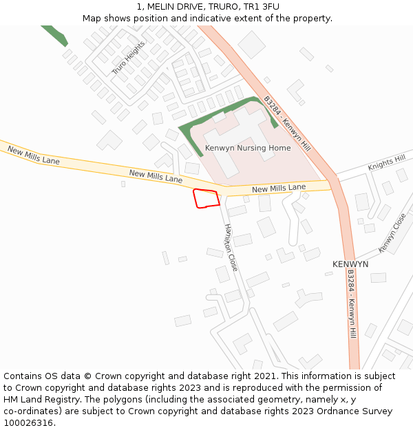 1, MELIN DRIVE, TRURO, TR1 3FU: Location map and indicative extent of plot