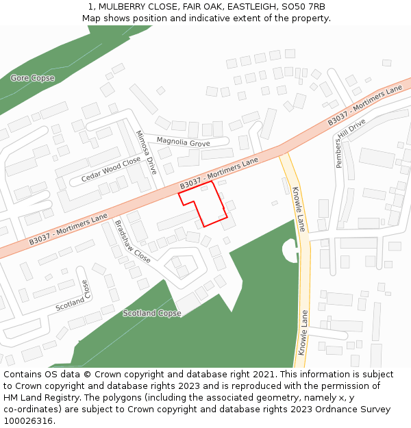 1, MULBERRY CLOSE, FAIR OAK, EASTLEIGH, SO50 7RB: Location map and indicative extent of plot