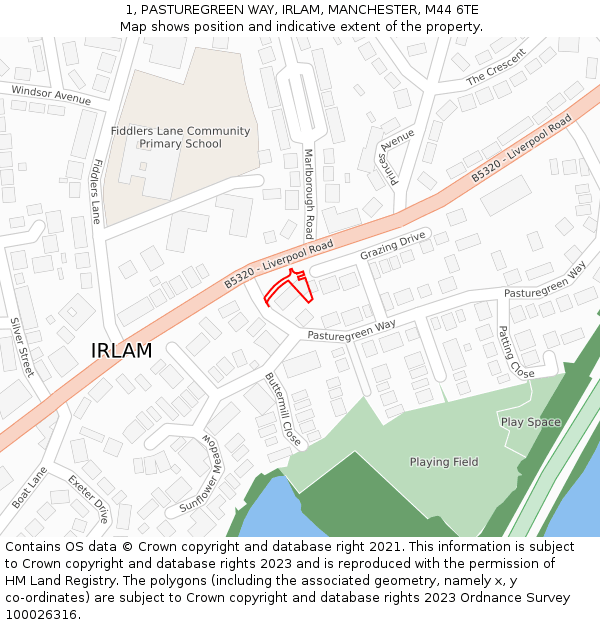 1, PASTUREGREEN WAY, IRLAM, MANCHESTER, M44 6TE: Location map and indicative extent of plot