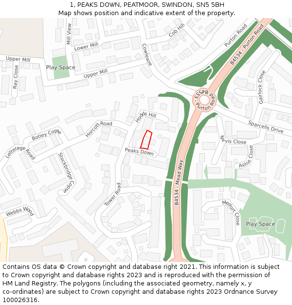 1, PEAKS DOWN, PEATMOOR, SWINDON, SN5 5BH: Location map and indicative extent of plot