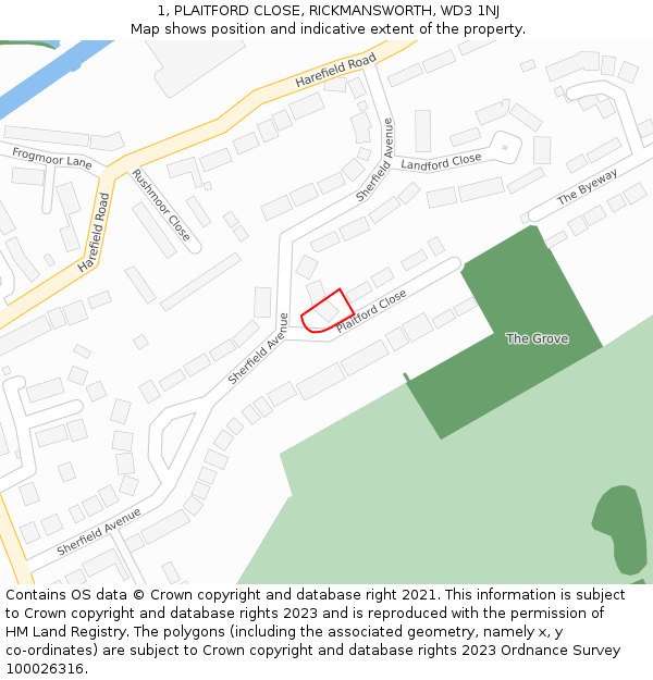 1, PLAITFORD CLOSE, RICKMANSWORTH, WD3 1NJ: Location map and indicative extent of plot