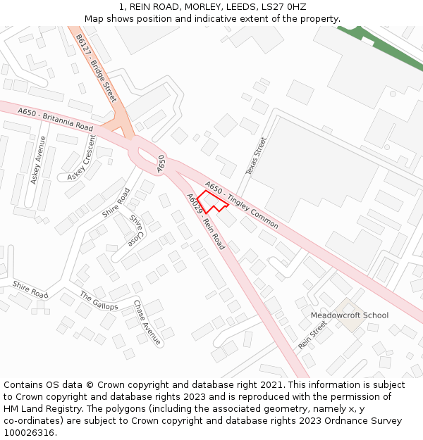 1, REIN ROAD, MORLEY, LEEDS, LS27 0HZ: Location map and indicative extent of plot