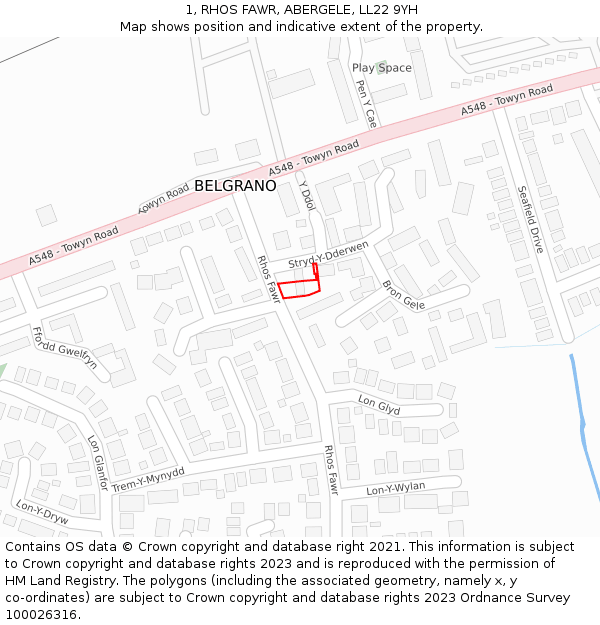 1, RHOS FAWR, ABERGELE, LL22 9YH: Location map and indicative extent of plot