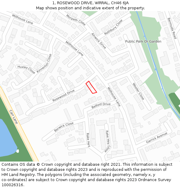 1, ROSEWOOD DRIVE, WIRRAL, CH46 6JA: Location map and indicative extent of plot