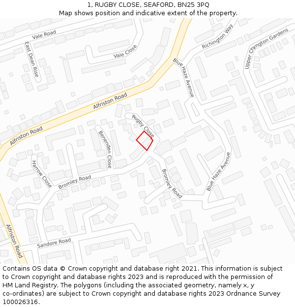 1, RUGBY CLOSE, SEAFORD, BN25 3PQ: Location map and indicative extent of plot