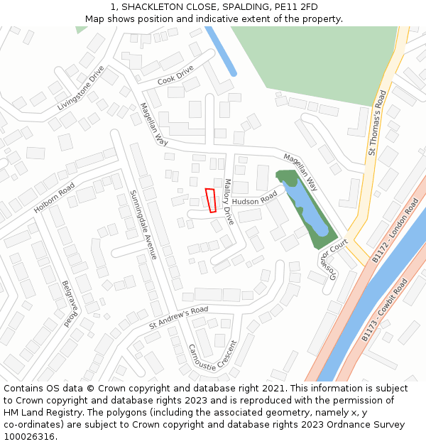 1, SHACKLETON CLOSE, SPALDING, PE11 2FD: Location map and indicative extent of plot