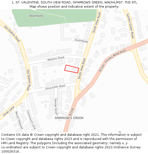 1, ST. VALENTINE, SOUTH VIEW ROAD, SPARROWS GREEN, WADHURST, TN5 6TL: Location map and indicative extent of plot