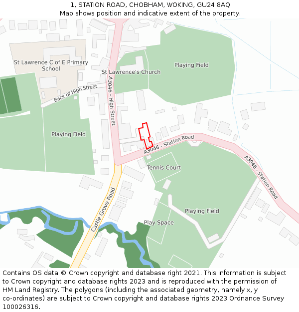 1, STATION ROAD, CHOBHAM, WOKING, GU24 8AQ: Location map and indicative extent of plot