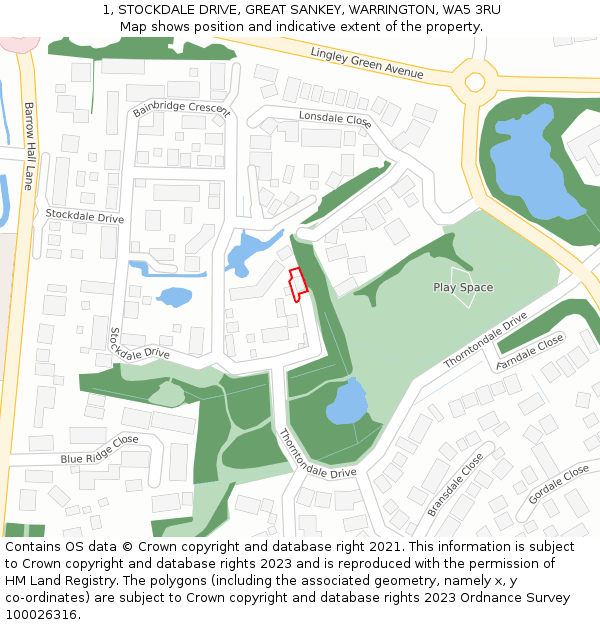 1, STOCKDALE DRIVE, GREAT SANKEY, WARRINGTON, WA5 3RU: Location map and indicative extent of plot