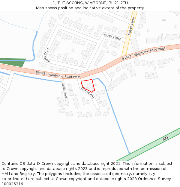 1, THE ACORNS, WIMBORNE, BH21 2EU: Location map and indicative extent of plot