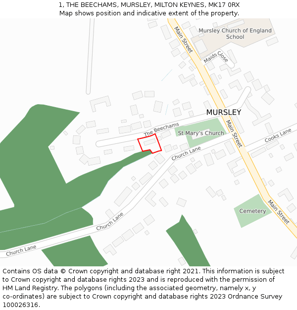 1, THE BEECHAMS, MURSLEY, MILTON KEYNES, MK17 0RX: Location map and indicative extent of plot