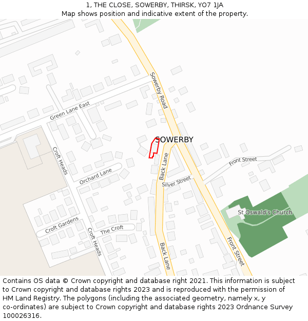 1, THE CLOSE, SOWERBY, THIRSK, YO7 1JA: Location map and indicative extent of plot