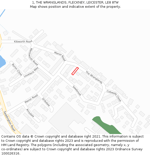 1, THE WRANGLANDS, FLECKNEY, LEICESTER, LE8 8TW: Location map and indicative extent of plot