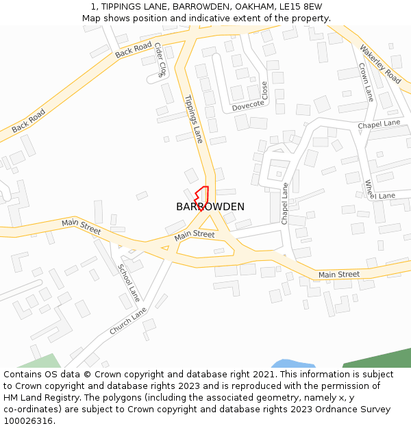 1, TIPPINGS LANE, BARROWDEN, OAKHAM, LE15 8EW: Location map and indicative extent of plot