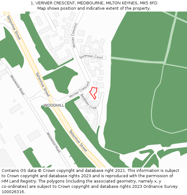 1, VERNIER CRESCENT, MEDBOURNE, MILTON KEYNES, MK5 6FD: Location map and indicative extent of plot