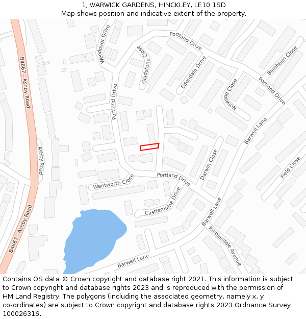 1, WARWICK GARDENS, HINCKLEY, LE10 1SD: Location map and indicative extent of plot