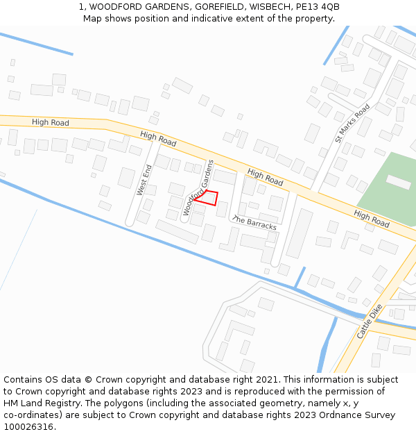 1, WOODFORD GARDENS, GOREFIELD, WISBECH, PE13 4QB: Location map and indicative extent of plot