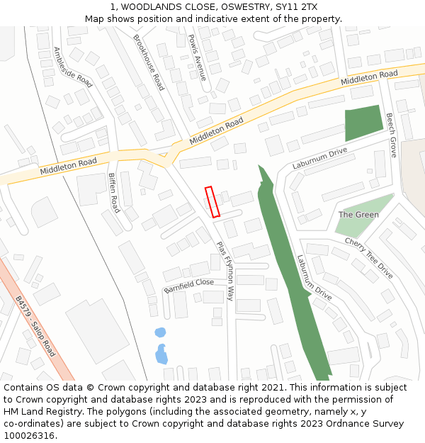 1, WOODLANDS CLOSE, OSWESTRY, SY11 2TX: Location map and indicative extent of plot