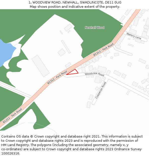 1, WOODVIEW ROAD, NEWHALL, SWADLINCOTE, DE11 0UG: Location map and indicative extent of plot