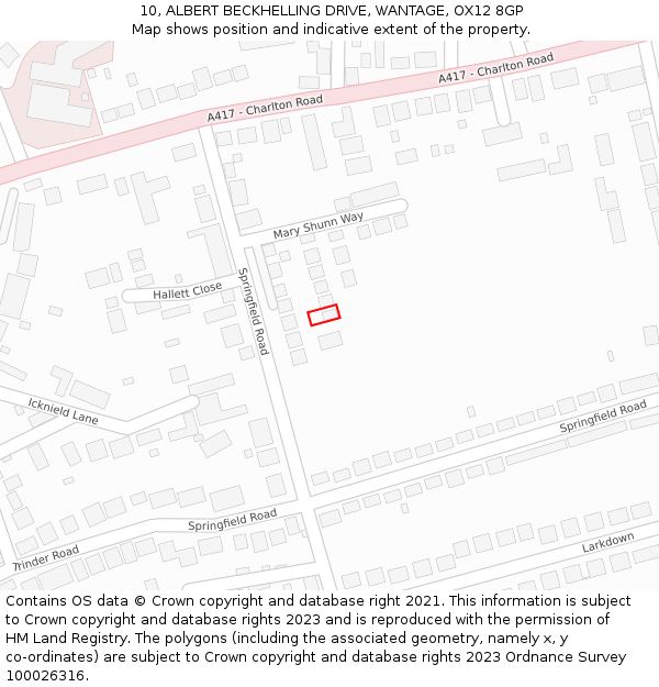 10, ALBERT BECKHELLING DRIVE, WANTAGE, OX12 8GP: Location map and indicative extent of plot