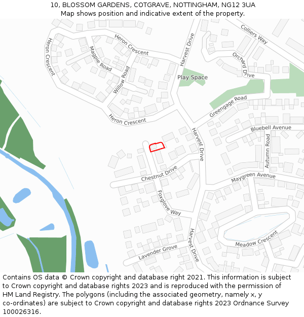 10, BLOSSOM GARDENS, COTGRAVE, NOTTINGHAM, NG12 3UA: Location map and indicative extent of plot