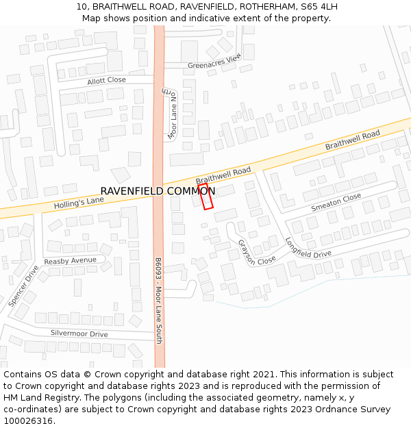 10, BRAITHWELL ROAD, RAVENFIELD, ROTHERHAM, S65 4LH: Location map and indicative extent of plot