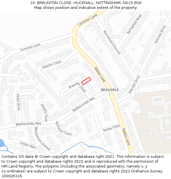 10, BRAUNTON CLOSE, HUCKNALL, NOTTINGHAM, NG15 6NX: Location map and indicative extent of plot