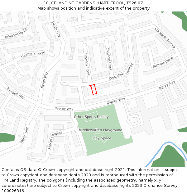 10, CELANDINE GARDENS, HARTLEPOOL, TS26 0ZJ: Location map and indicative extent of plot