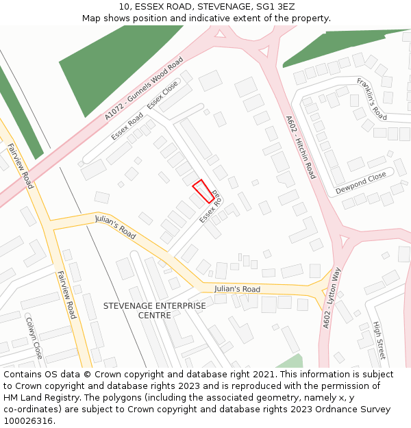 10, ESSEX ROAD, STEVENAGE, SG1 3EZ: Location map and indicative extent of plot