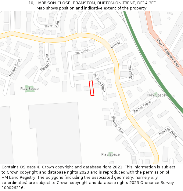 10, HARRISON CLOSE, BRANSTON, BURTON-ON-TRENT, DE14 3EF: Location map and indicative extent of plot