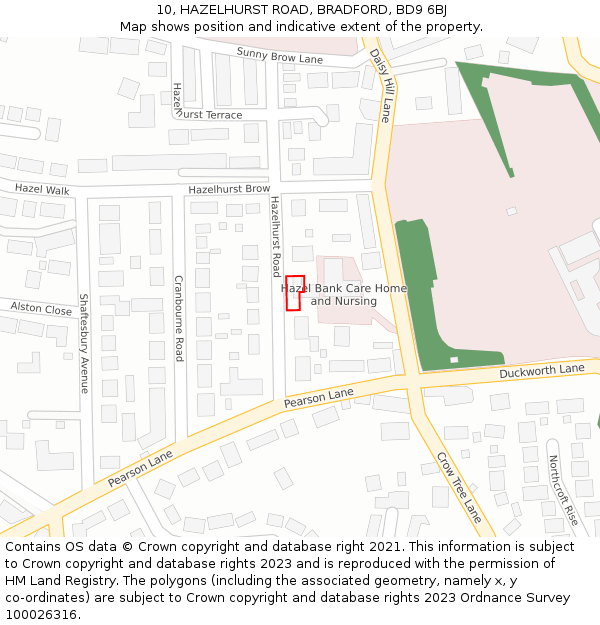 10, HAZELHURST ROAD, BRADFORD, BD9 6BJ: Location map and indicative extent of plot