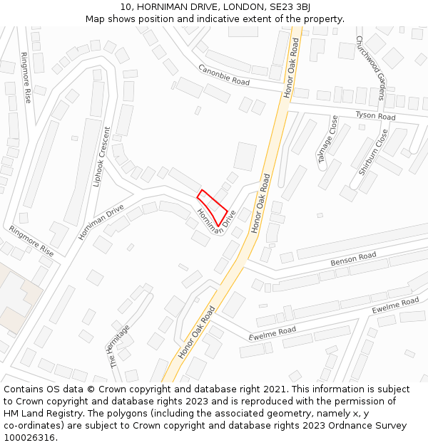 10, HORNIMAN DRIVE, LONDON, SE23 3BJ: Location map and indicative extent of plot