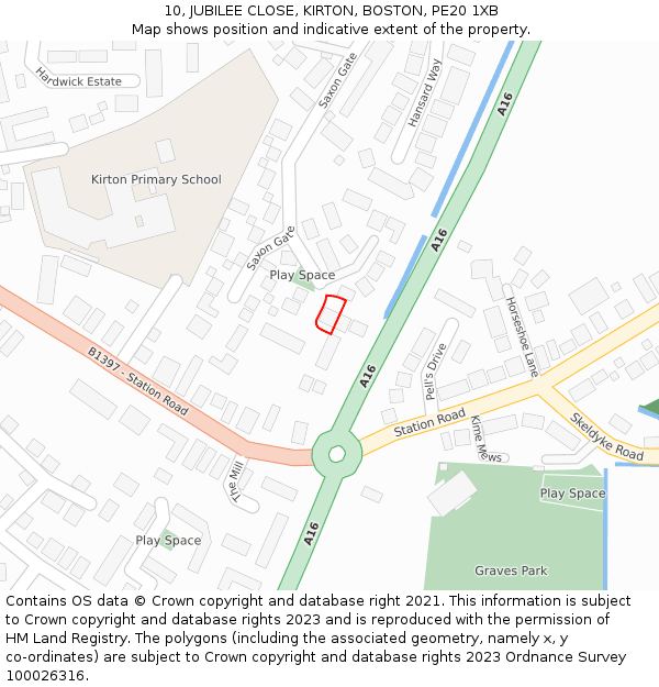 10, JUBILEE CLOSE, KIRTON, BOSTON, PE20 1XB: Location map and indicative extent of plot