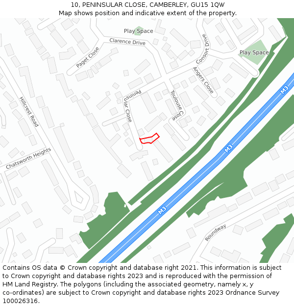 10, PENINSULAR CLOSE, CAMBERLEY, GU15 1QW: Location map and indicative extent of plot