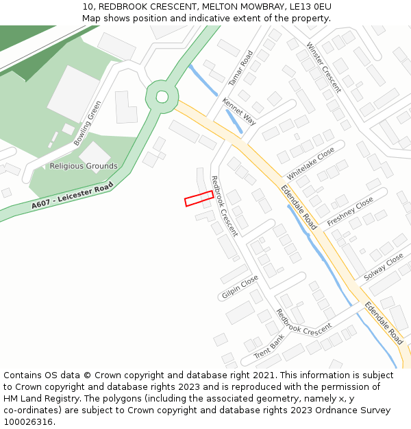 10, REDBROOK CRESCENT, MELTON MOWBRAY, LE13 0EU: Location map and indicative extent of plot