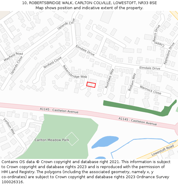 10, ROBERTSBRIDGE WALK, CARLTON COLVILLE, LOWESTOFT, NR33 8SE: Location map and indicative extent of plot