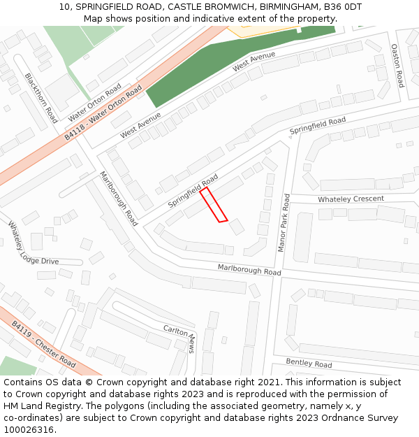 10, SPRINGFIELD ROAD, CASTLE BROMWICH, BIRMINGHAM, B36 0DT: Location map and indicative extent of plot