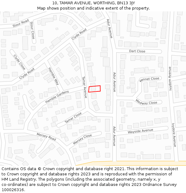 10, TAMAR AVENUE, WORTHING, BN13 3JY: Location map and indicative extent of plot