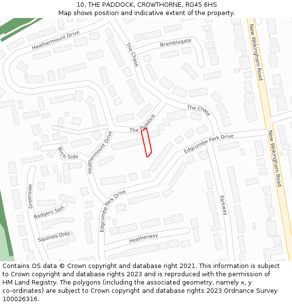 10, THE PADDOCK, CROWTHORNE, RG45 6HS: Location map and indicative extent of plot