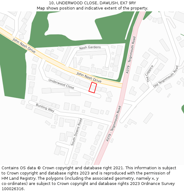 10, UNDERWOOD CLOSE, DAWLISH, EX7 9RY: Location map and indicative extent of plot