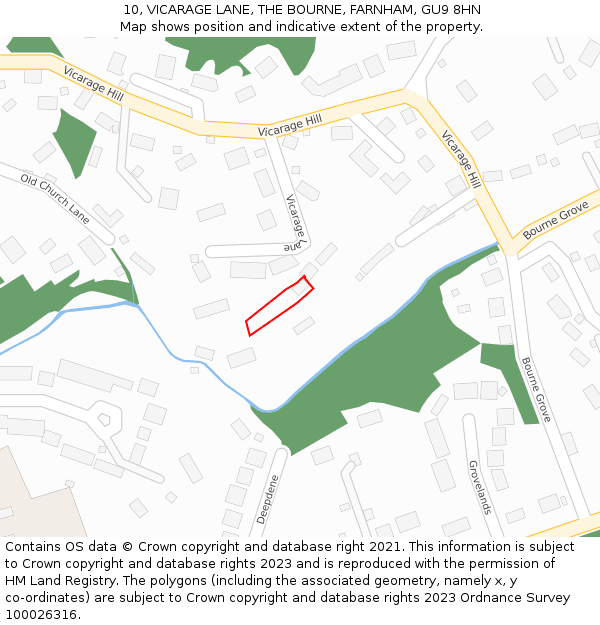 10, VICARAGE LANE, THE BOURNE, FARNHAM, GU9 8HN: Location map and indicative extent of plot