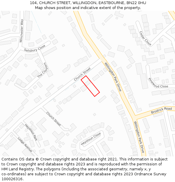 104, CHURCH STREET, WILLINGDON, EASTBOURNE, BN22 0HU: Location map and indicative extent of plot