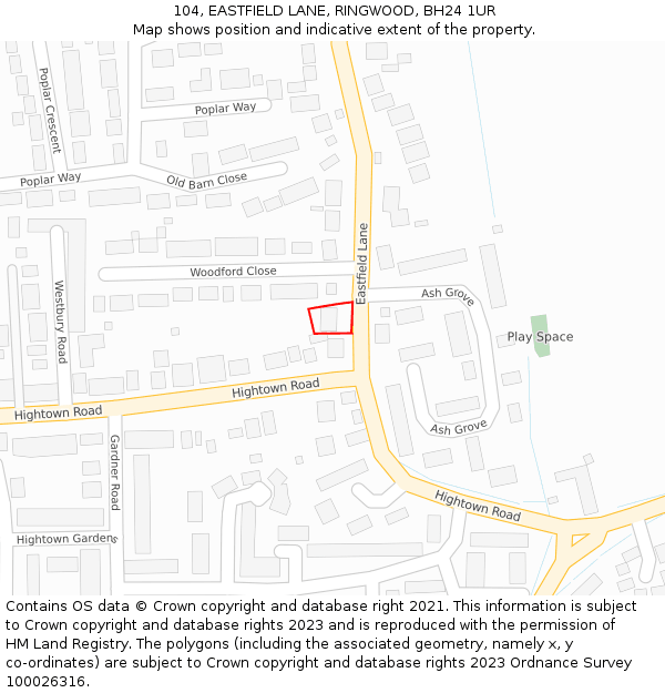 104, EASTFIELD LANE, RINGWOOD, BH24 1UR: Location map and indicative extent of plot