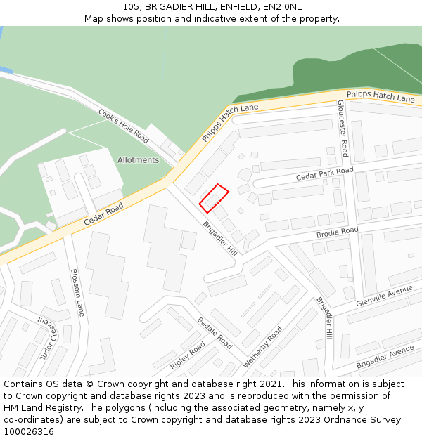 105, BRIGADIER HILL, ENFIELD, EN2 0NL: Location map and indicative extent of plot