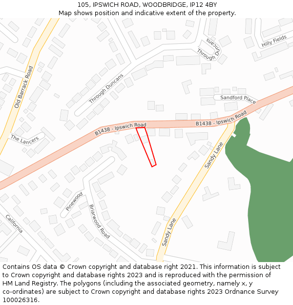 105, IPSWICH ROAD, WOODBRIDGE, IP12 4BY: Location map and indicative extent of plot