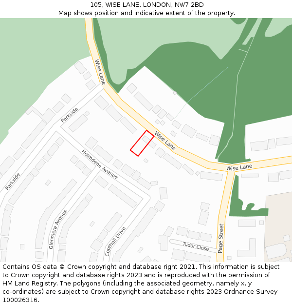 105, WISE LANE, LONDON, NW7 2BD: Location map and indicative extent of plot