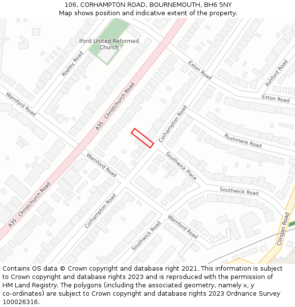 106, CORHAMPTON ROAD, BOURNEMOUTH, BH6 5NY: Location map and indicative extent of plot