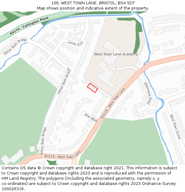 106, WEST TOWN LANE, BRISTOL, BS4 5DT: Location map and indicative extent of plot