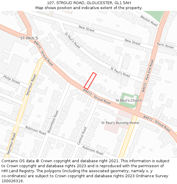 107, STROUD ROAD, GLOUCESTER, GL1 5AH: Location map and indicative extent of plot