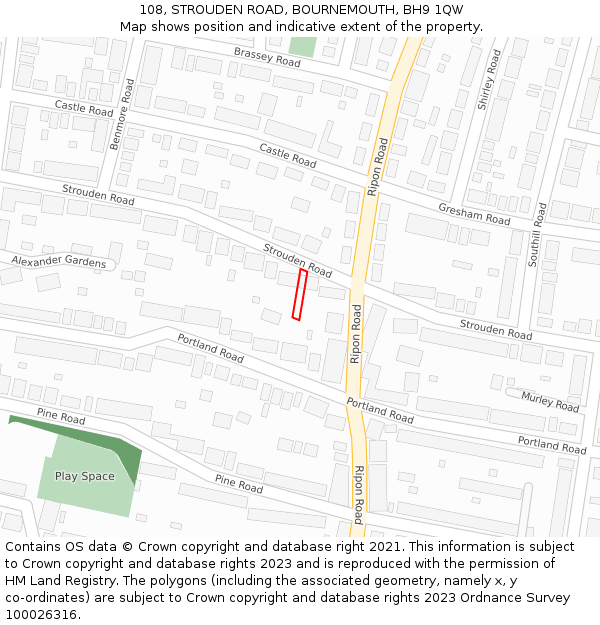 108, STROUDEN ROAD, BOURNEMOUTH, BH9 1QW: Location map and indicative extent of plot